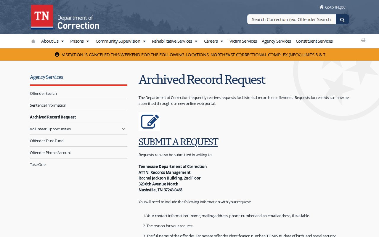 Lake County actual release date archived TDOC record request